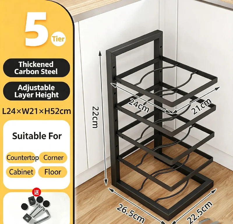 Multi-Tier Pot Rack Organizer – Carbon Steel Pan Storage Stand