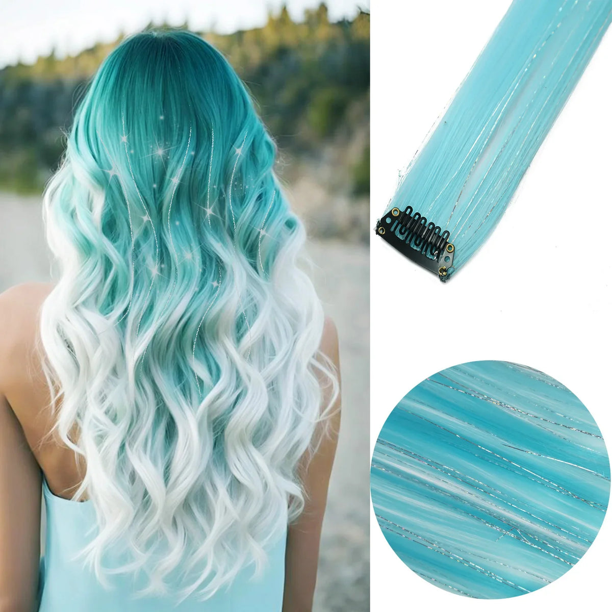 Clip-In Hair Extensions 6pcs – Colorful Highlight Streaks with Tinsel, 22 Inches