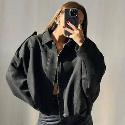 Women's Suede Cropped Bomber Jacket – Oversized Batwing Coat
