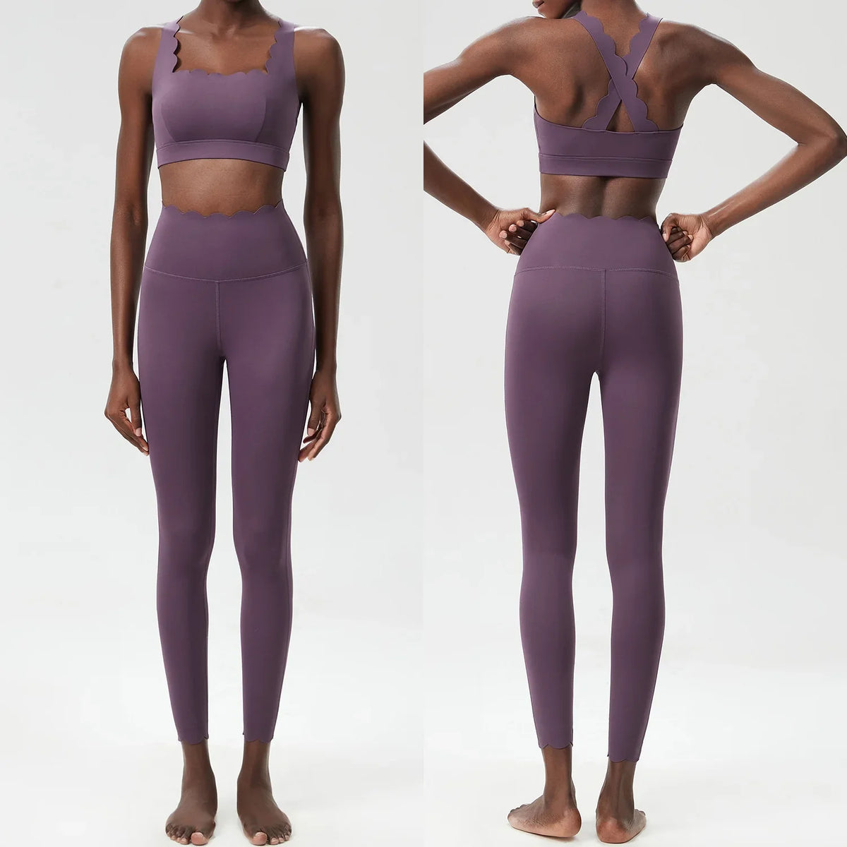 Women's 2-Piece Yoga Set – Scallop Sports Bra & High-Waist Leggings