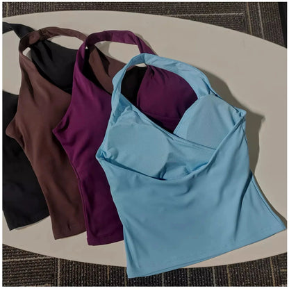 Women's Halter Neck Yoga Sports Bra – V-Neck Fitness Crop Top
