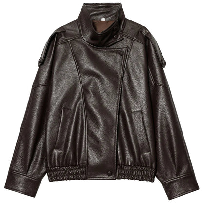 Faux Leather Bomber Jacket Women – Oversized Cropped Zip-Up