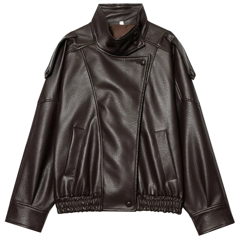 Women's Oversized Faux Leather Bomber Jacket – Cropped Zip-Up Coat