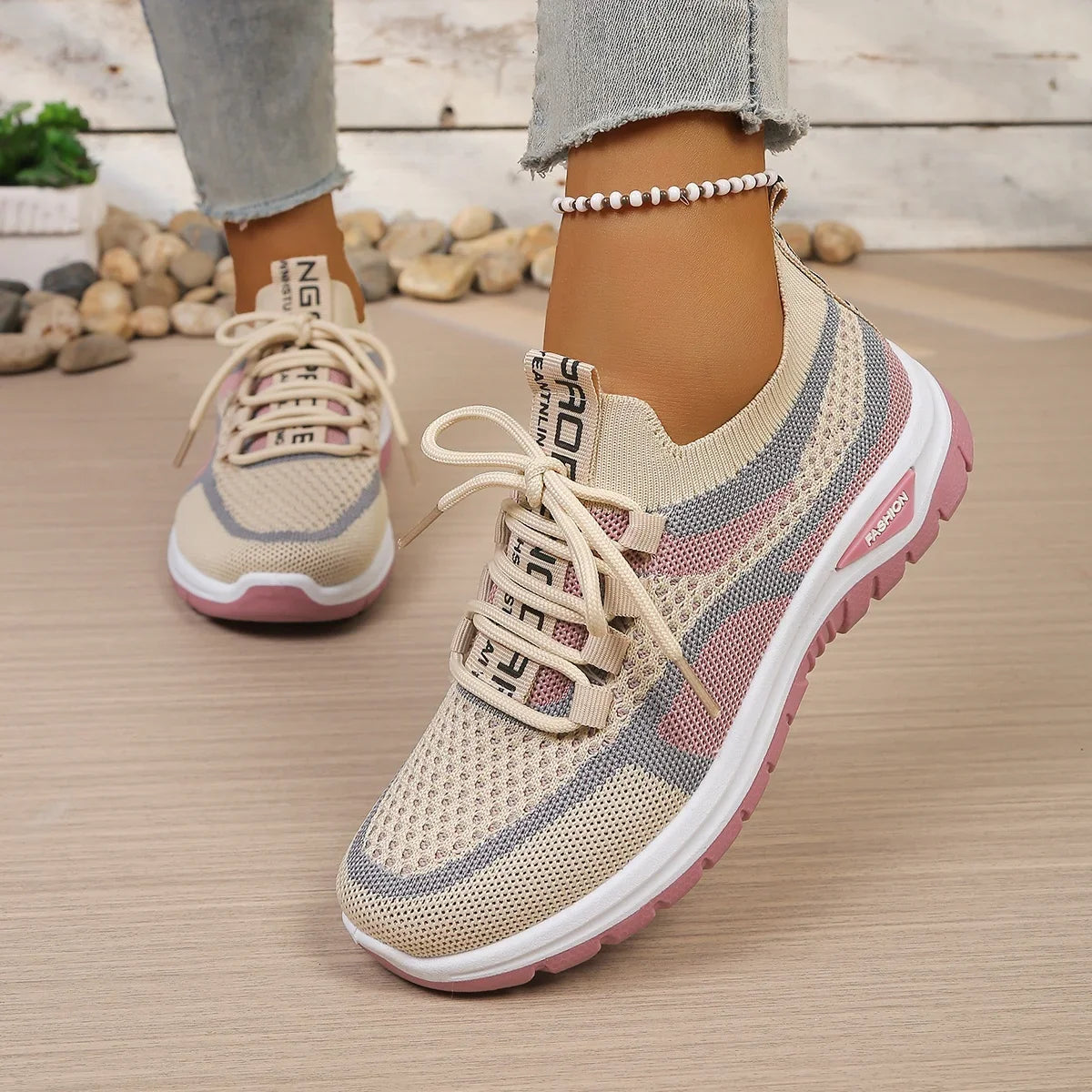 Women's Two-Tone Mesh Knit Sneakers – Casual Lace-Up Fashion Shoes
