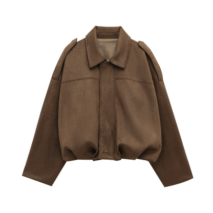 Women's Suede Bomber Jacket – Vintage Loose Zip-Up Coat with Lapel Collar
