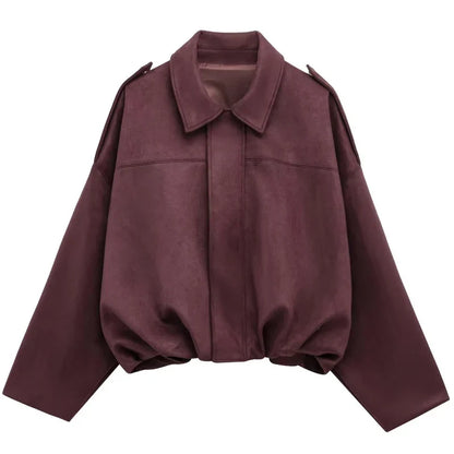Women's Suede Cropped Bomber Jacket – Oversized Batwing Coat