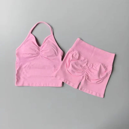 Women's Strappy Backless Crop Top & Scrunch Shorts Set – Gym Yoga Activewear