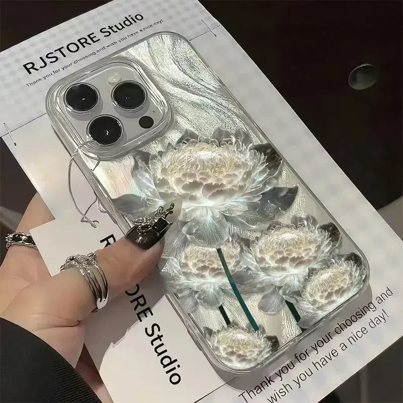 White Lotus Flower Clear iPhone Case with Wrist Strap