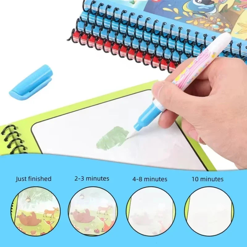 Magic Water Drawing Book for Kids with Pen – Reusable Coloring Activity