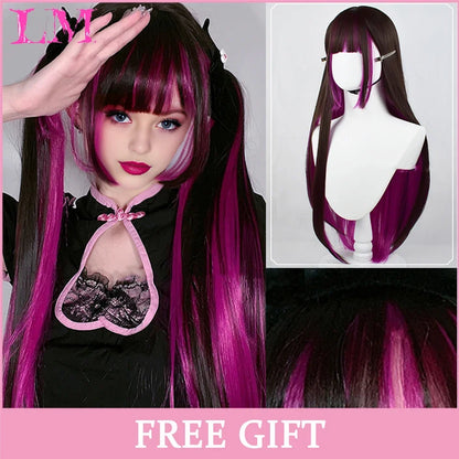 Cosplay Wig with Bangs – Long Straight Synthetic Hair 24 Inch