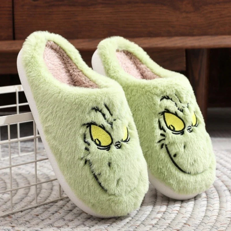 Green Grinch Plush Slippers for Women – Cozy Indoor House Shoes