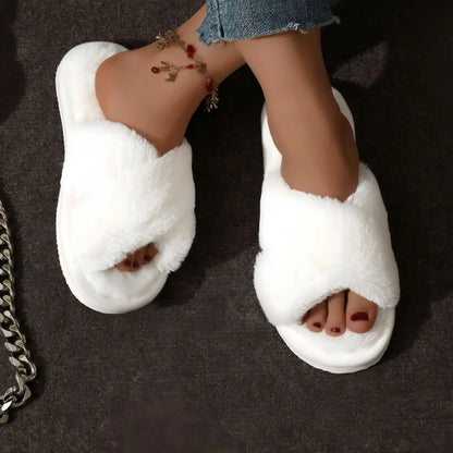 Women's Fuzzy Cross-Band Slippers – Plush Fur Indoor House Shoes