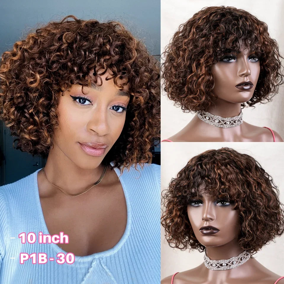 Jerry Curly Short Bob Human Hair Wig with Bangs