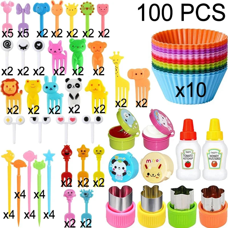Kids Bento Lunch Box Accessories Set – Animal Food Picks, Silicone Cups & Food Cutters
