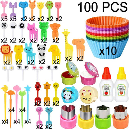 Kids Bento Lunch Box Accessories Set – Animal Food Picks, Silicone Cups & Food Cutters