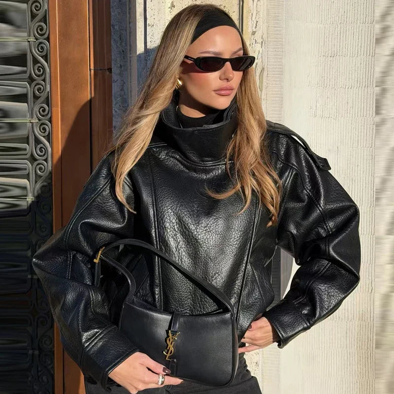 Women's Oversized Faux Leather Bomber Jacket – Cropped Zip-Up Coat