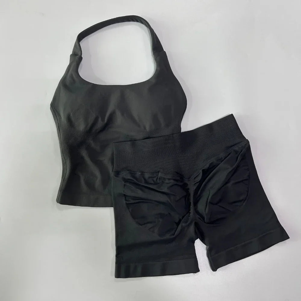Women's 2-Piece Seamless Workout Set – Backless Tank Top & Scrunch Shorts