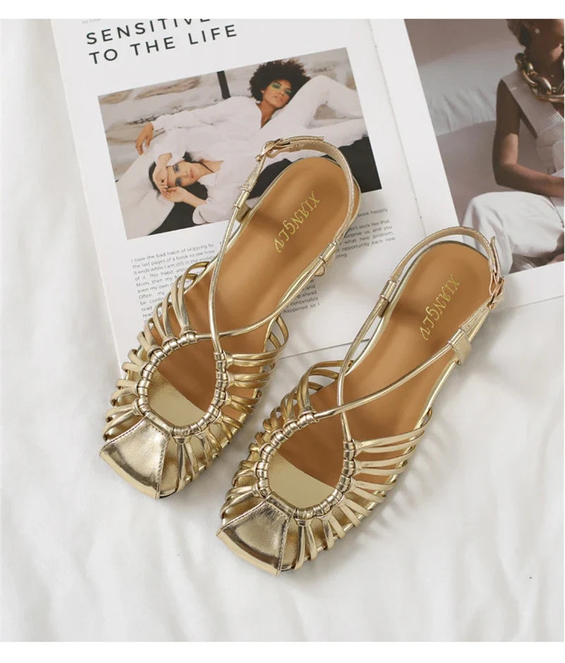 Women's Flat Roman Cage Sandals – Narrow Strap Square Toe
