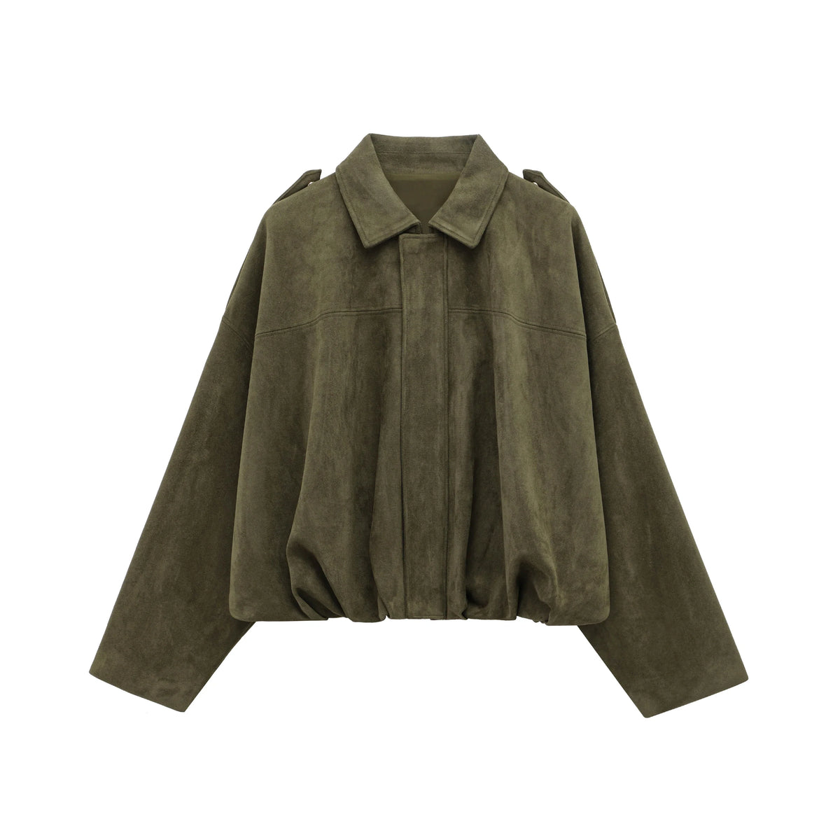 Women's Suede Bomber Jacket – Vintage Loose Zip-Up Coat with Lapel Collar