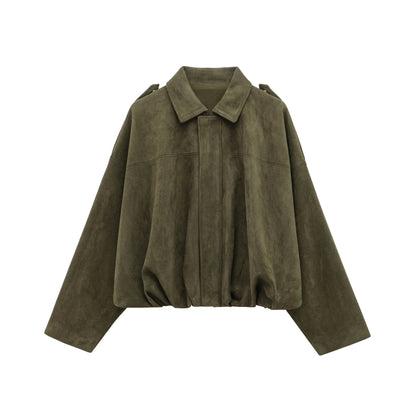 Women's Suede Bomber Jacket – Vintage Loose Zip-Up Coat with Lapel Collar