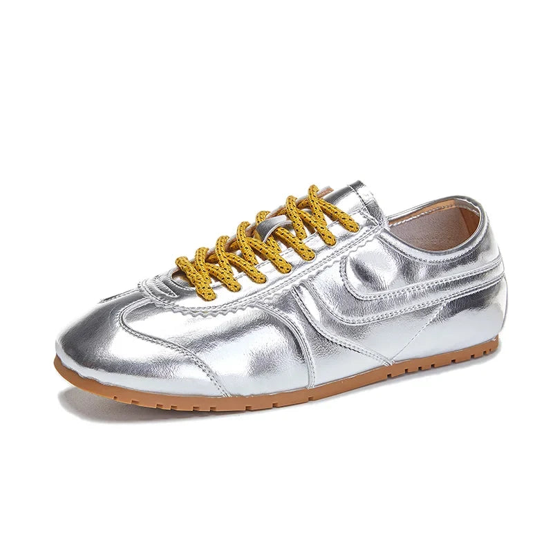 Women's Genuine Leather Retro Sneakers – Flat Lace-Up Casual Shoes