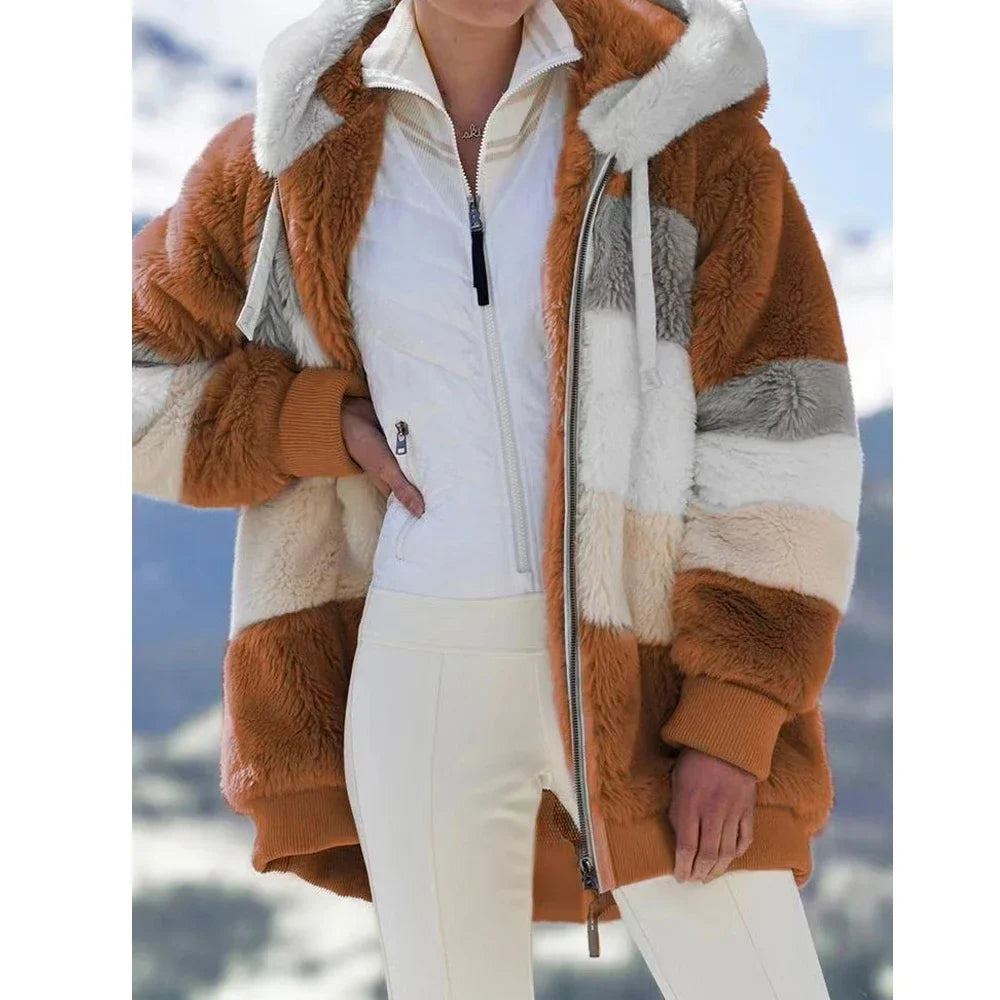 Women's Oversized Fluffy Hooded Jacket – Color Block Teddy Coat