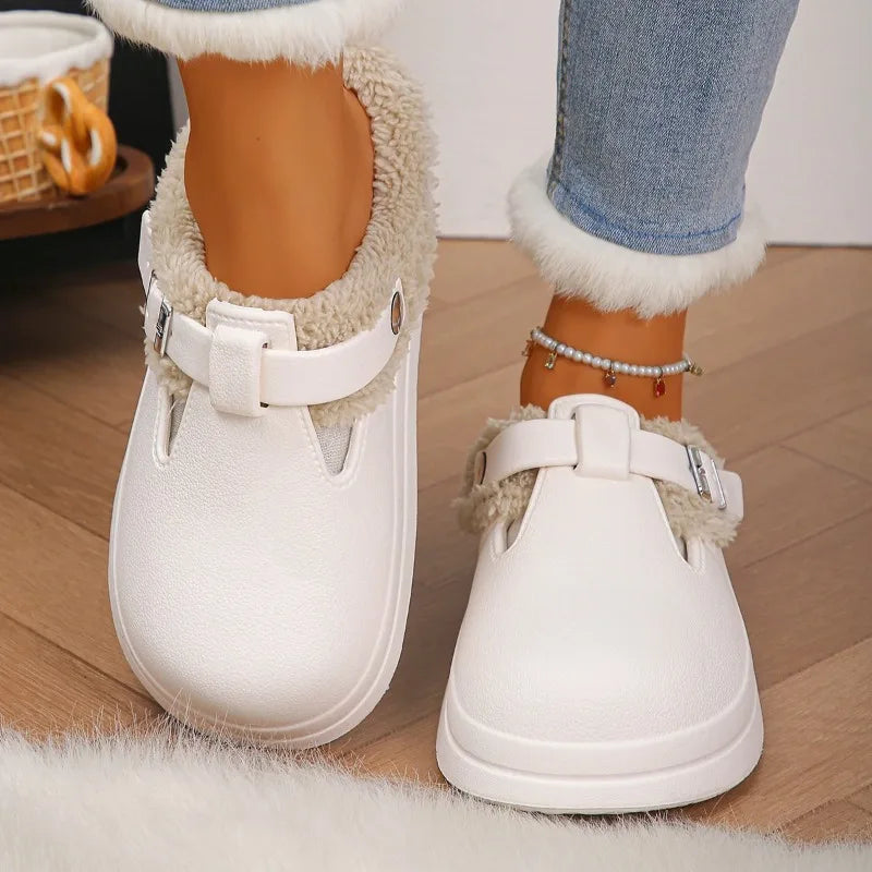 Furry Mule Slippers Women Winter Plush Warm EVA Sole Metal Buckle