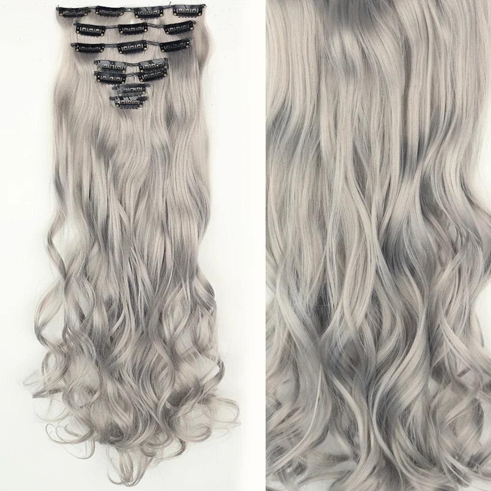 Clip-In Hair Extensions 7pcs 16 Clips Wavy Synthetic 24 Inch