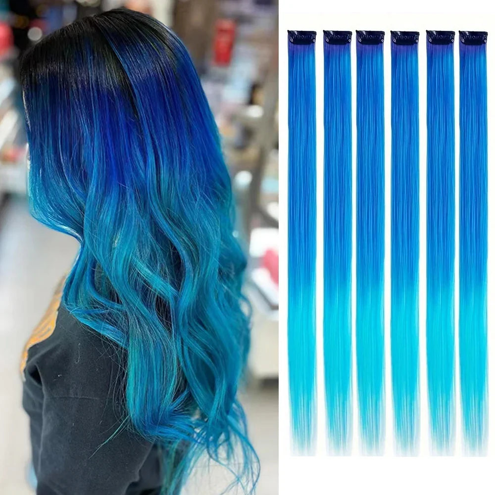 Clip-In Hair Extensions 6pcs – Colorful Highlight Streaks with Tinsel, 22 Inches