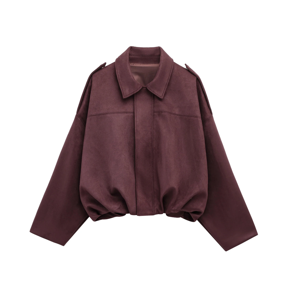 Women's Suede Bomber Jacket – Vintage Loose Zip-Up Coat with Lapel Collar