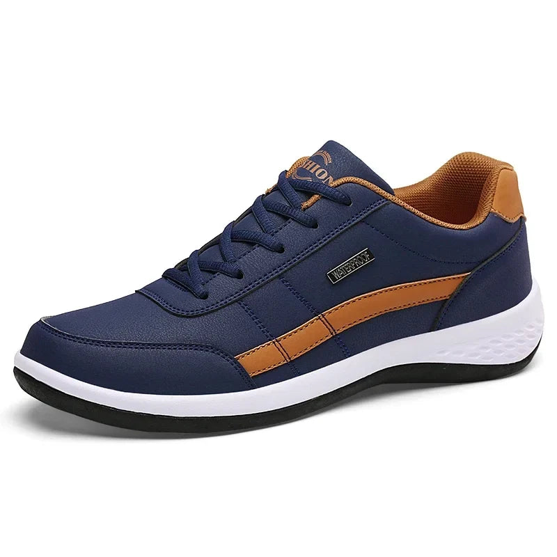 Men's Waterproof Leather Sneakers – Casual Lace-Up Vulcanized Shoes