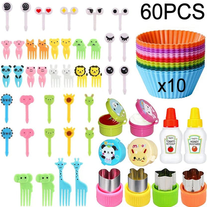 Kids Bento Lunch Box Accessories Set – Animal Food Picks, Silicone Cups & Food Cutters
