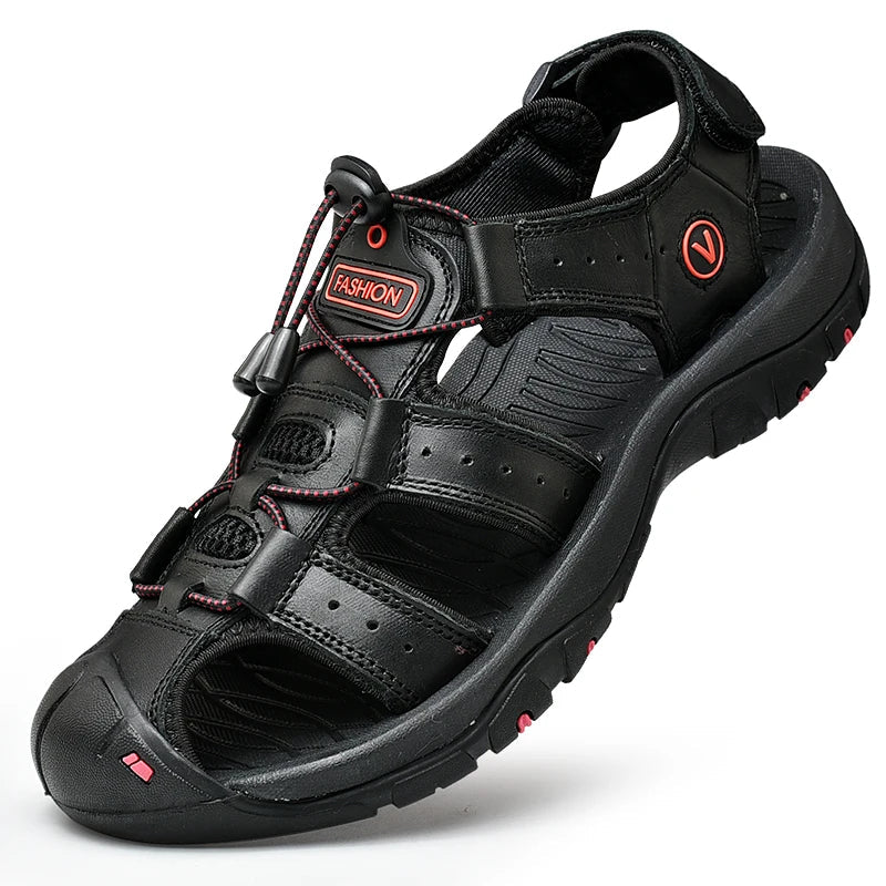 Men's Genuine Leather Outdoor Sandals – Closed Toe Beach Shoes