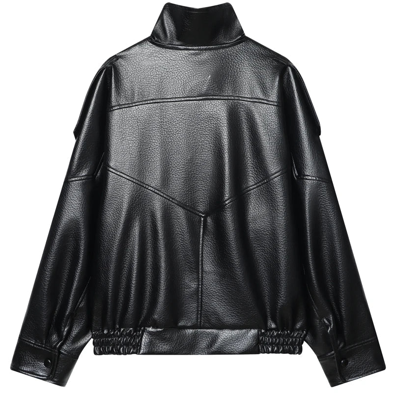 Women's Oversized Faux Leather Bomber Jacket – Cropped Zip-Up Coat