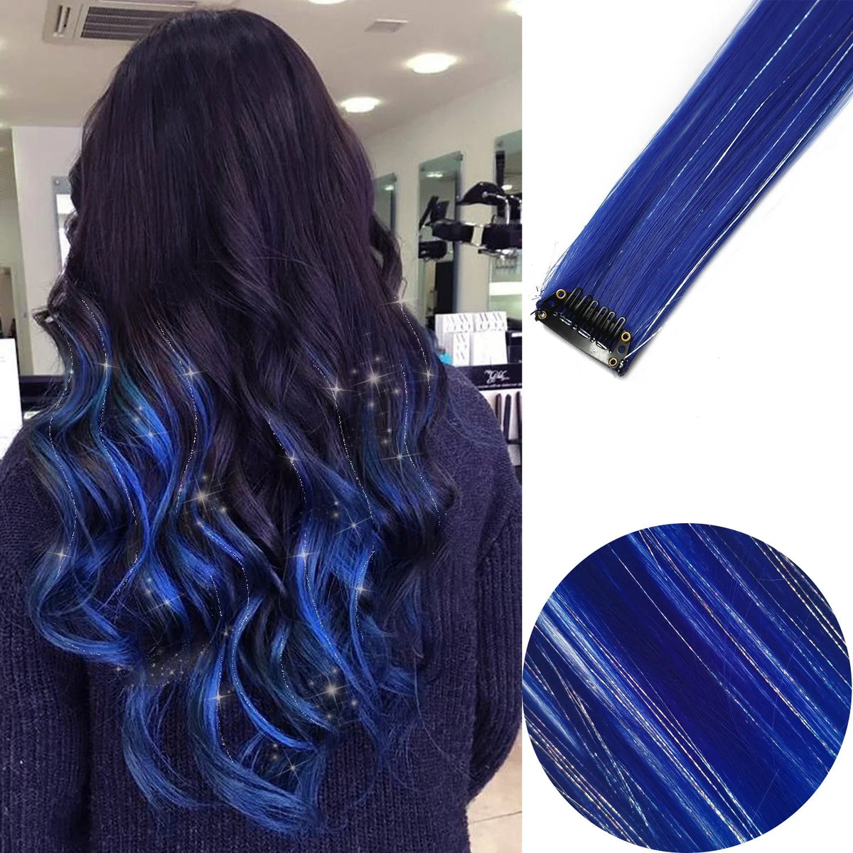 Clip-In Hair Extensions 6pcs – Colorful Highlight Streaks with Tinsel, 22 Inches