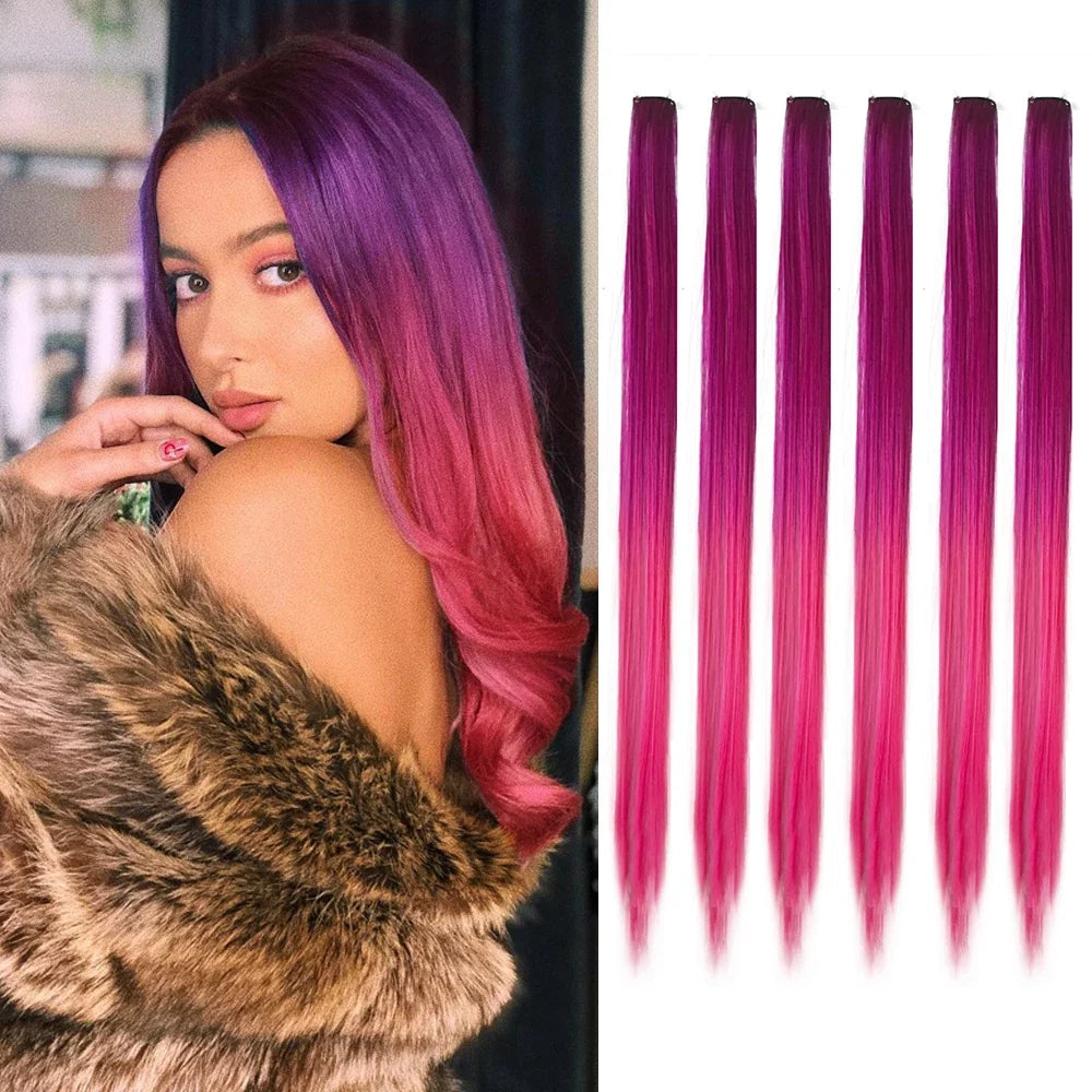 Clip-In Hair Extensions 6pcs – Colorful Highlight Streaks with Tinsel, 22 Inches