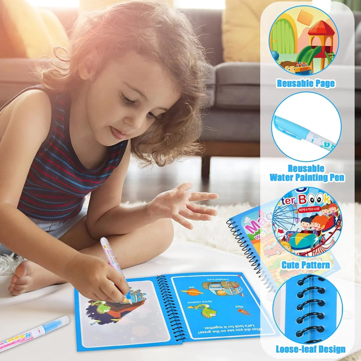Magic Water Coloring Book for Kids with Water Pen – Animal Cartoon Reusable Drawing Book