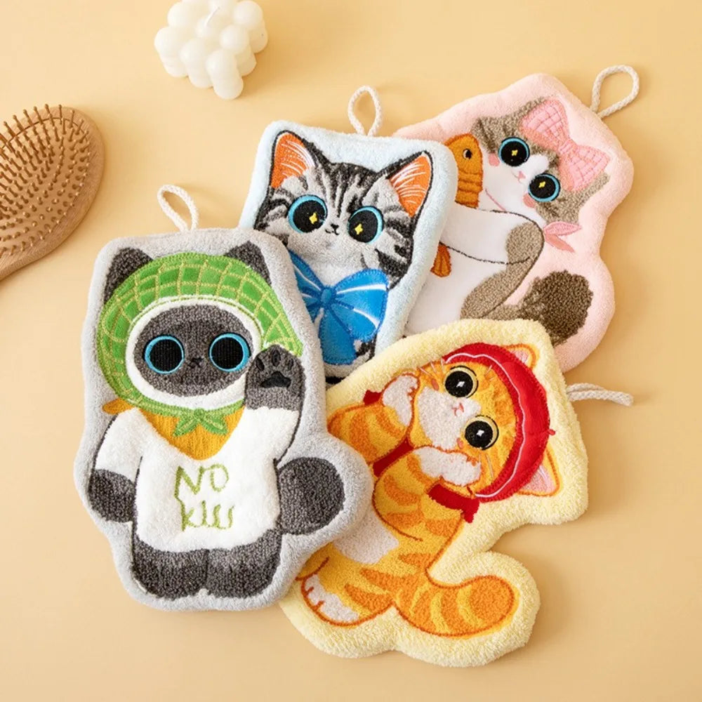 Cute Cat Hand Towel – Coral Fleece Hanging Bathroom Towel