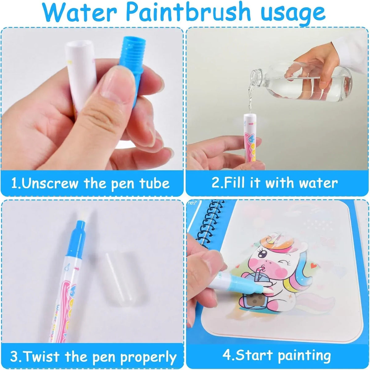 Magic Water Coloring Book for Kids with Water Pen – Animal Cartoon Reusable Drawing Book