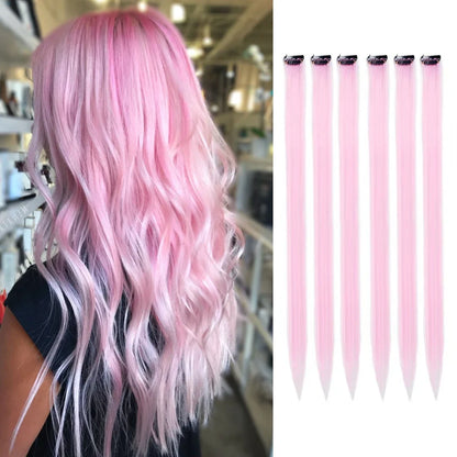 Clip-In Hair Extensions 6pcs – Colorful Highlight Streaks with Tinsel, 22 Inches