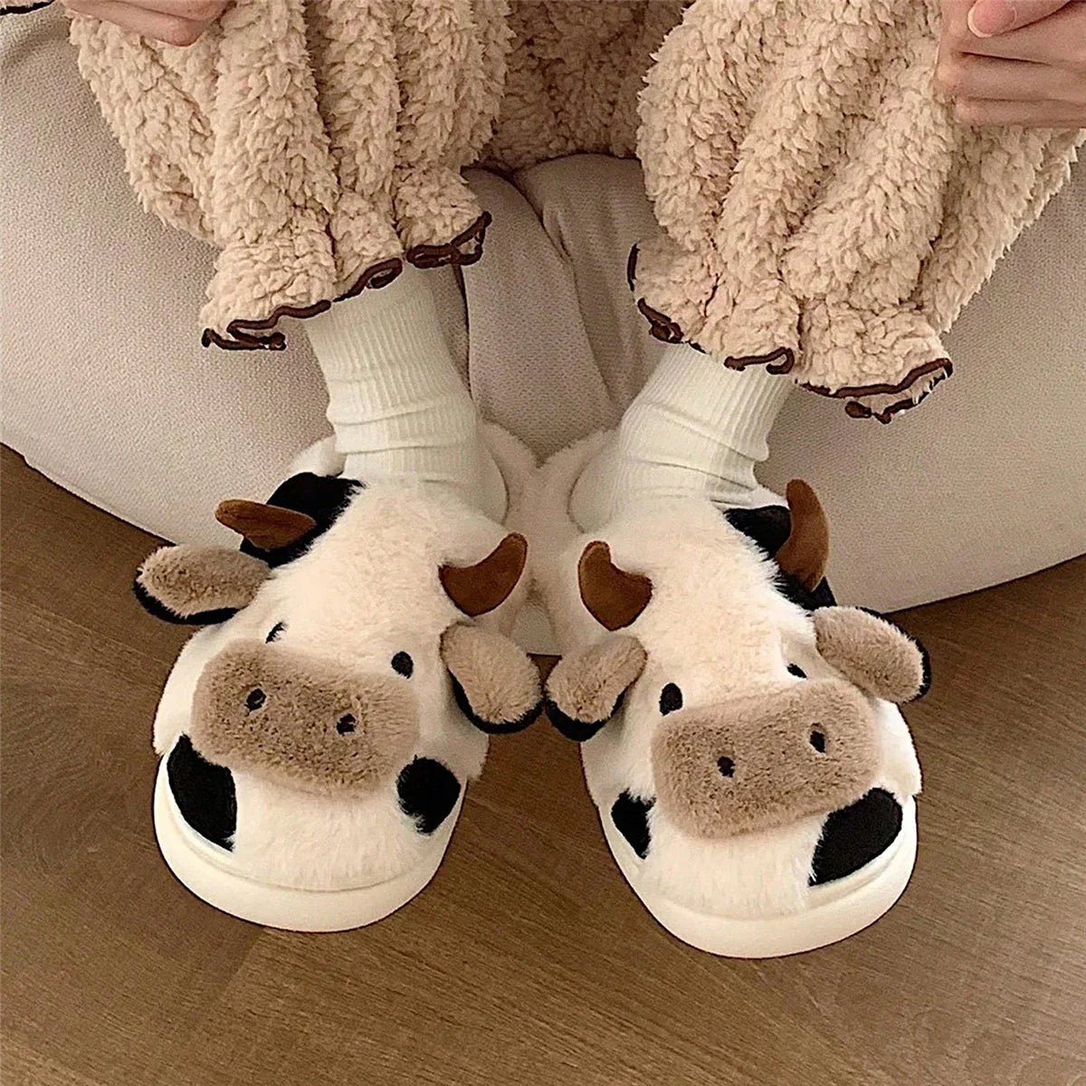 Cute Cow Plush Slippers – Warm Non-Slip Winter House Shoes