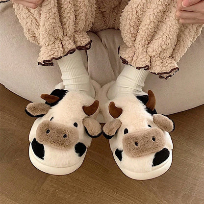 Cute Cow Plush Slippers – Warm Non-Slip Winter House Shoes
