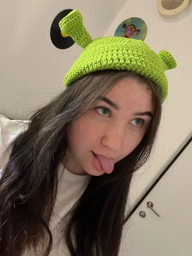 Funny Shrek Knit Beanie – Novelty Monster Ears Winter Hat for Adults & Kids