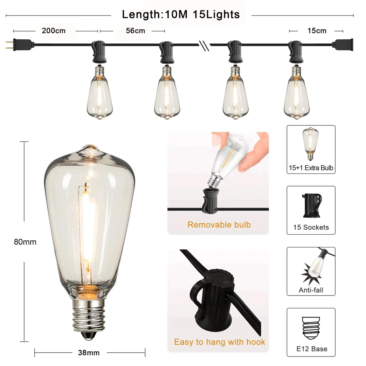 ST38 Outdoor String Lights Connectable Waterproof Shatterproof LED Bulb Dimmable