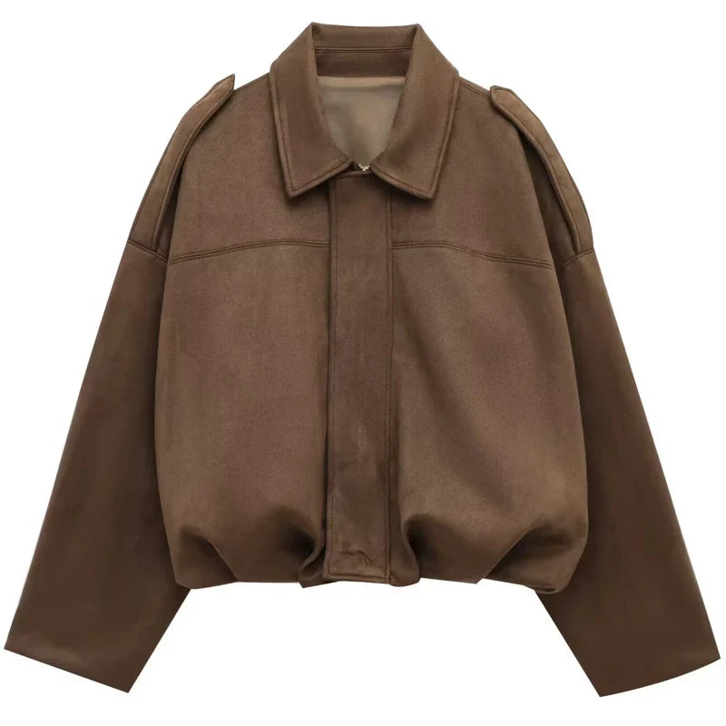 Women's Suede Cropped Bomber Jacket – Oversized Batwing Coat