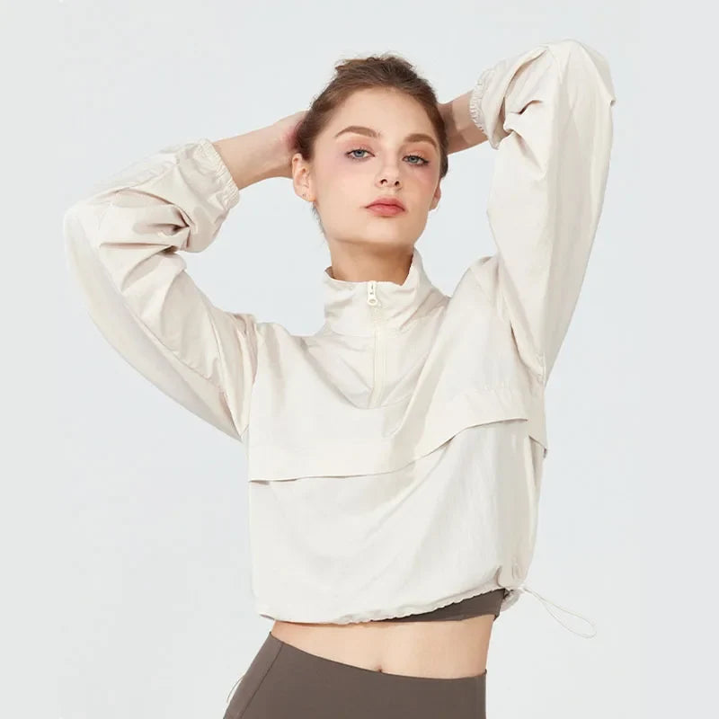Women's Long Sleeve Athletic Jacket – Half-Zip Crop Top