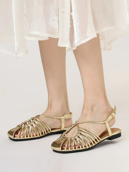 Women's Flat Roman Cage Sandals – Narrow Strap Square Toe