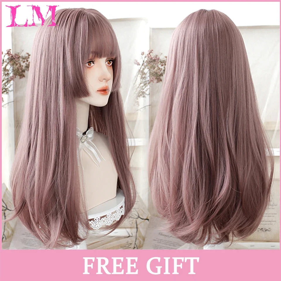 Cosplay Wig with Bangs – Long Straight Synthetic Hair 24 Inch