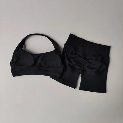 Women's Halter Neck Sports Bra & Scrunch Butt Shorts Set – 2-Piece Activewear