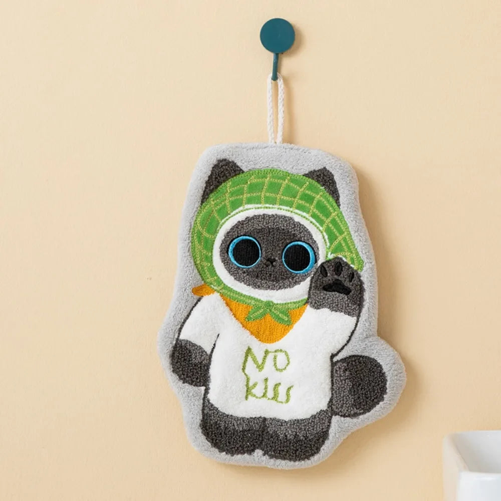 Cute Cat Hand Towel – Coral Fleece Hanging Bathroom Towel